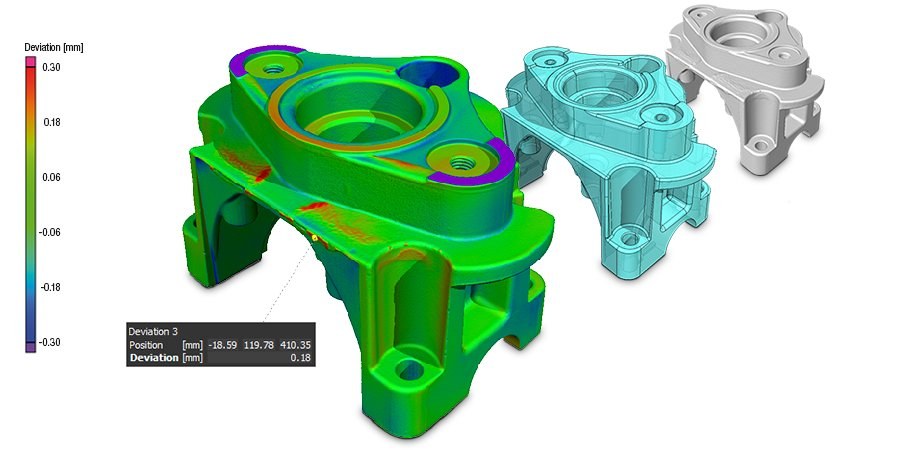 CT-Scan: Soll-Ist-Vergleich eines Aluminium-Bauteils mit farbcodierter Abweichungsdarstellung